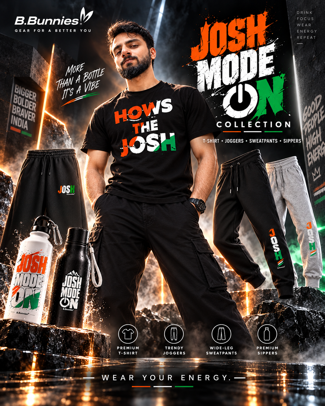 Josh Mode On collection, tricolor streetwear tee bottle and joggers