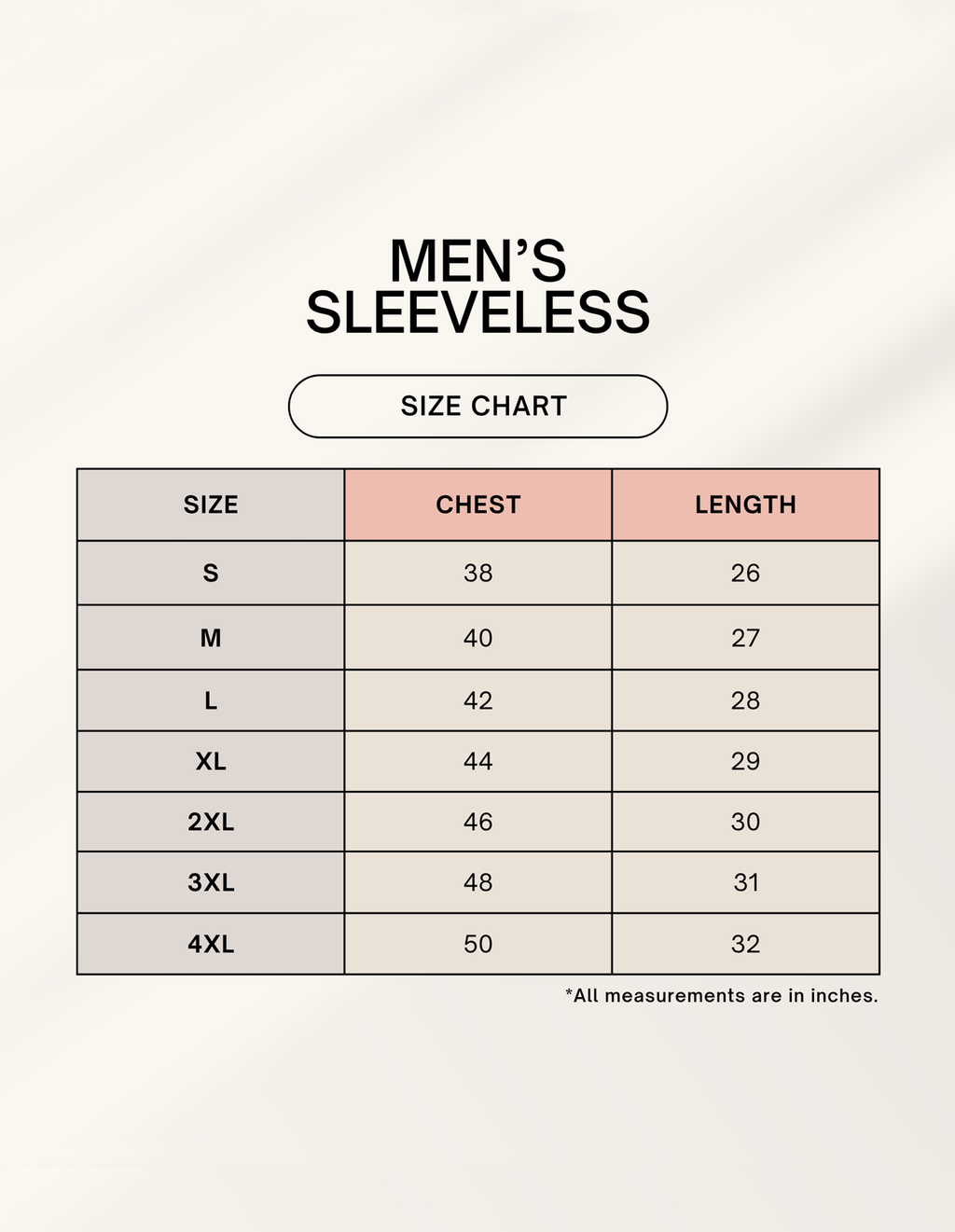 Men's sleeveless t-shirt size chart