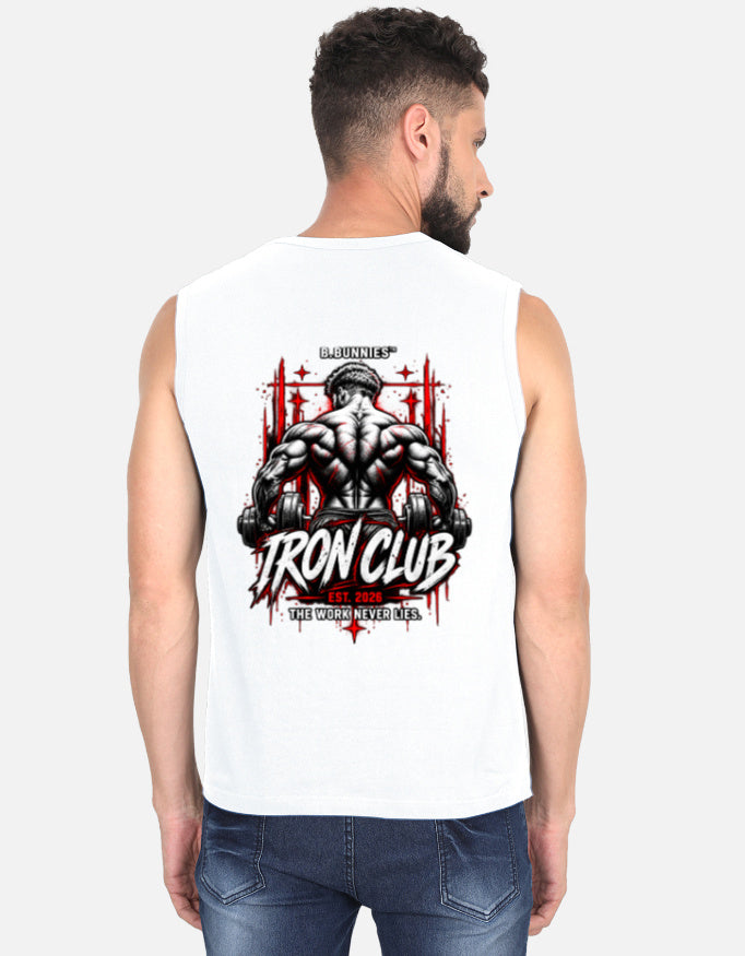 Men's white sleeveless t-shirt, back view