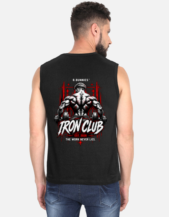 Men's black sleeveless t-shirt, back view