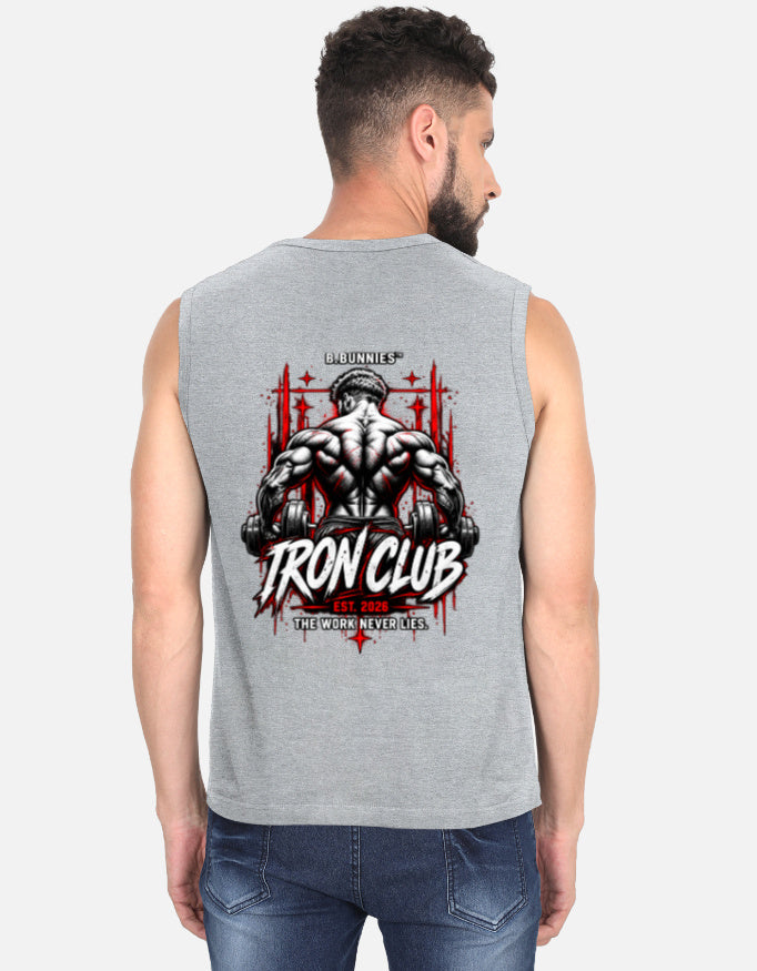 Men's grey melange sleeveless t-shirt, back view