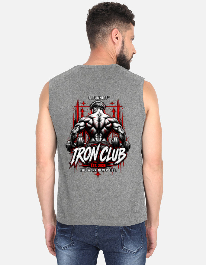 Men's charcoal melange sleeveless t-shirt, back view