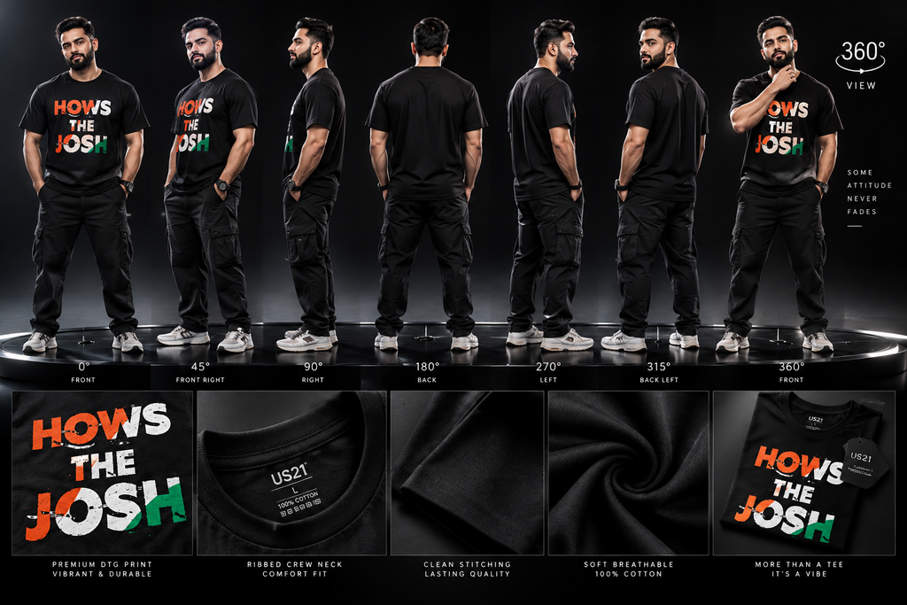 Black t-shirt with How's The Josh tricolor graphic design