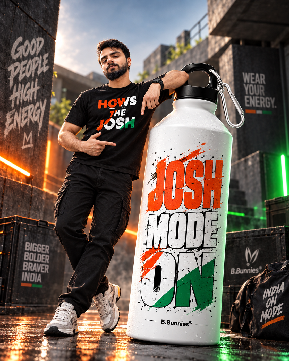Josh Mode On sports bottle, side angle view