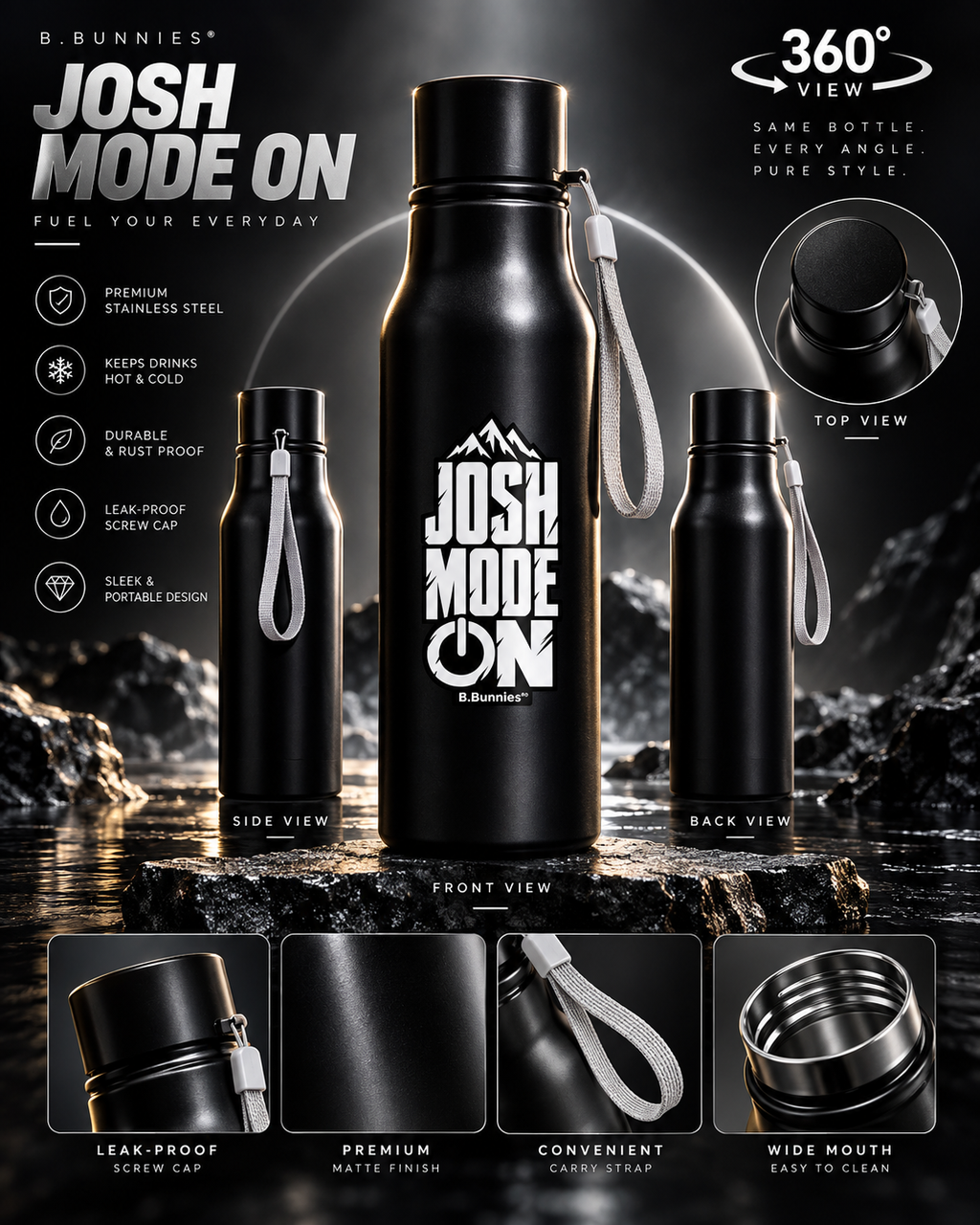 Black steel sipper bottle, everyday hydration by B.Bunnies