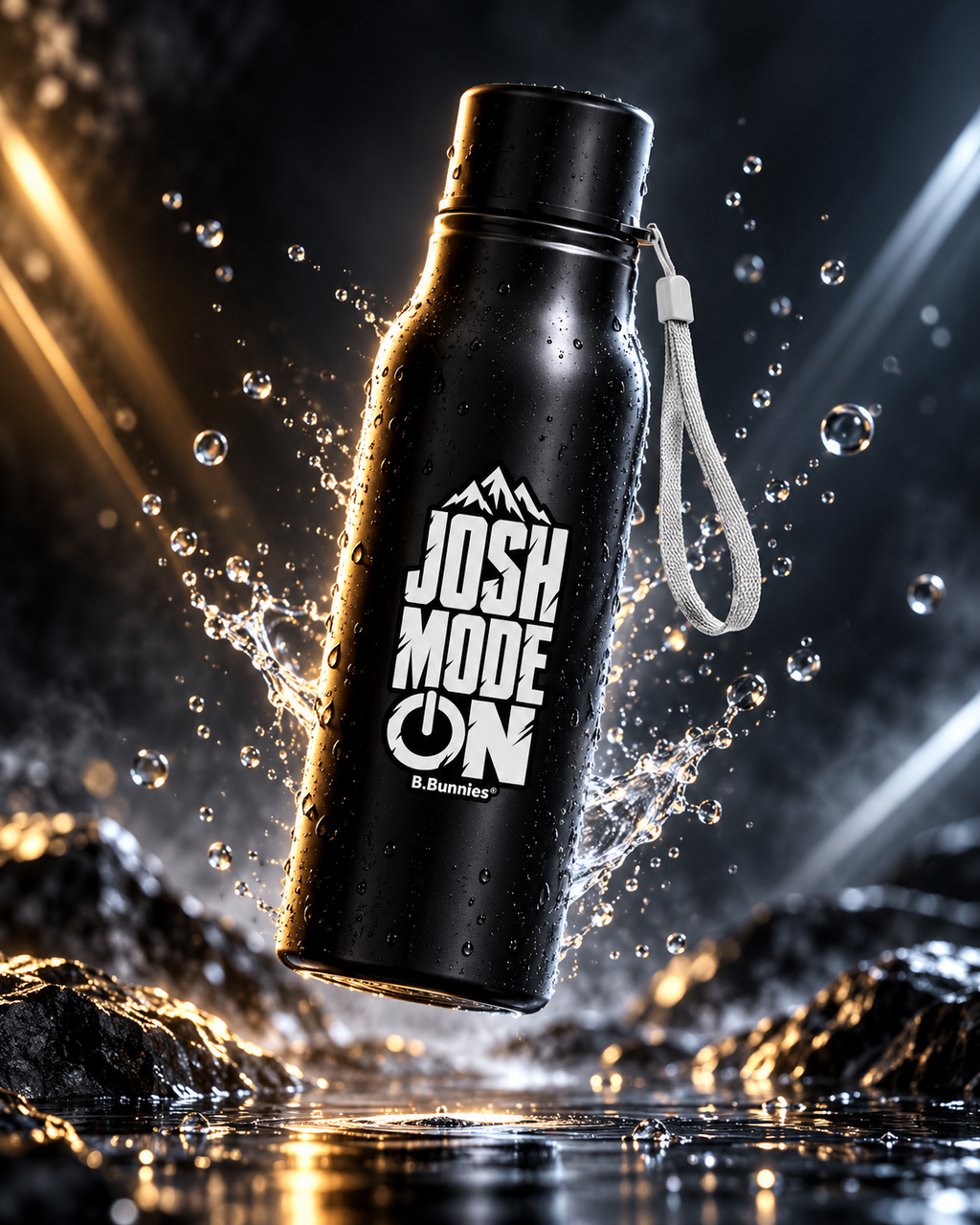 Laser-engraved steel water bottle, black 750ml sipper by B.Bunnies