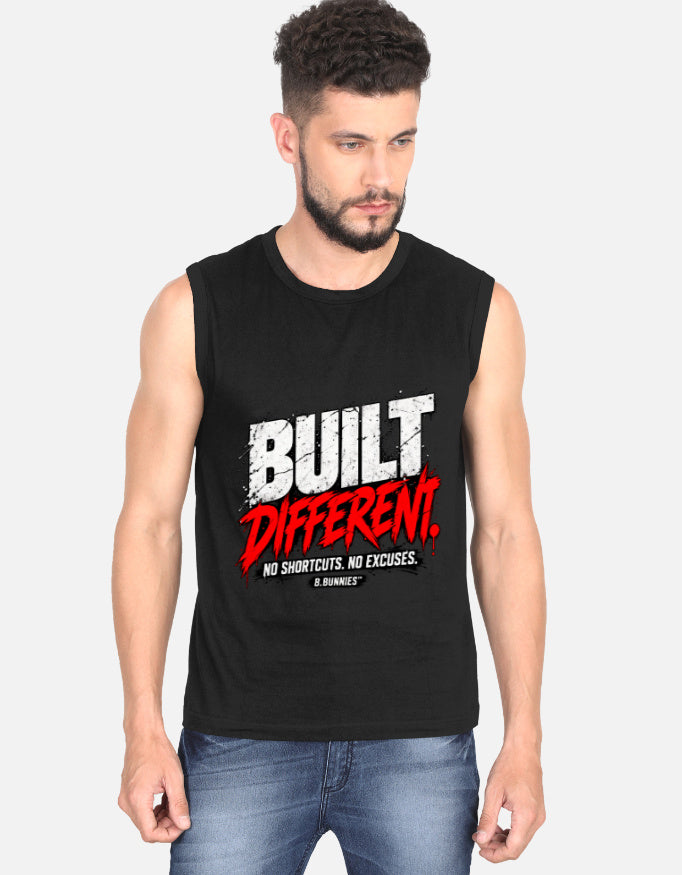 Men's black sleeveless cotton t-shirt, front view