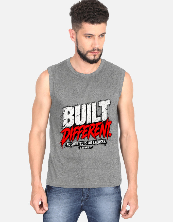 Men's charcoal melange sleeveless cotton t-shirt, front view