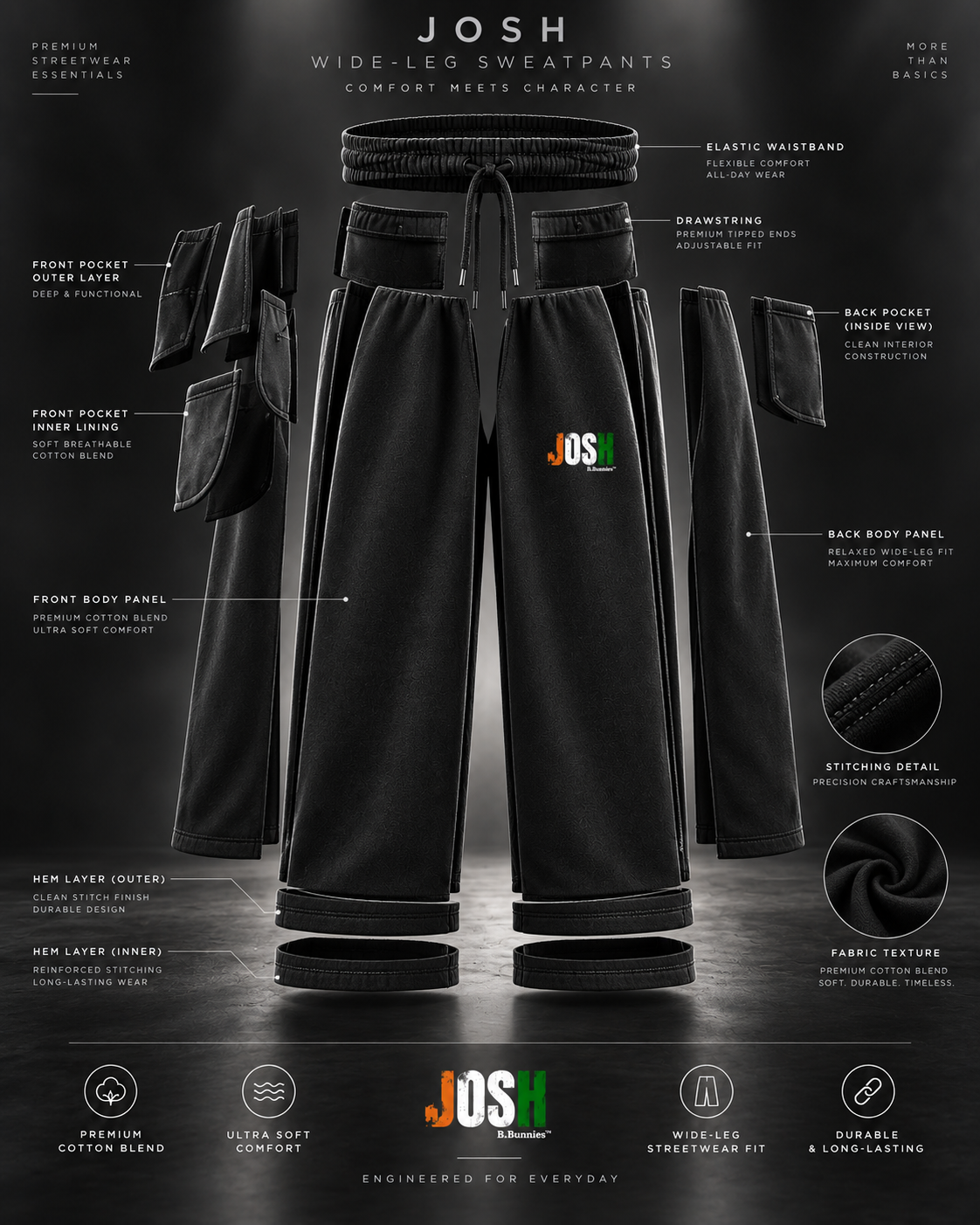 Black cotton terry sweatpants, loose fit silhouette