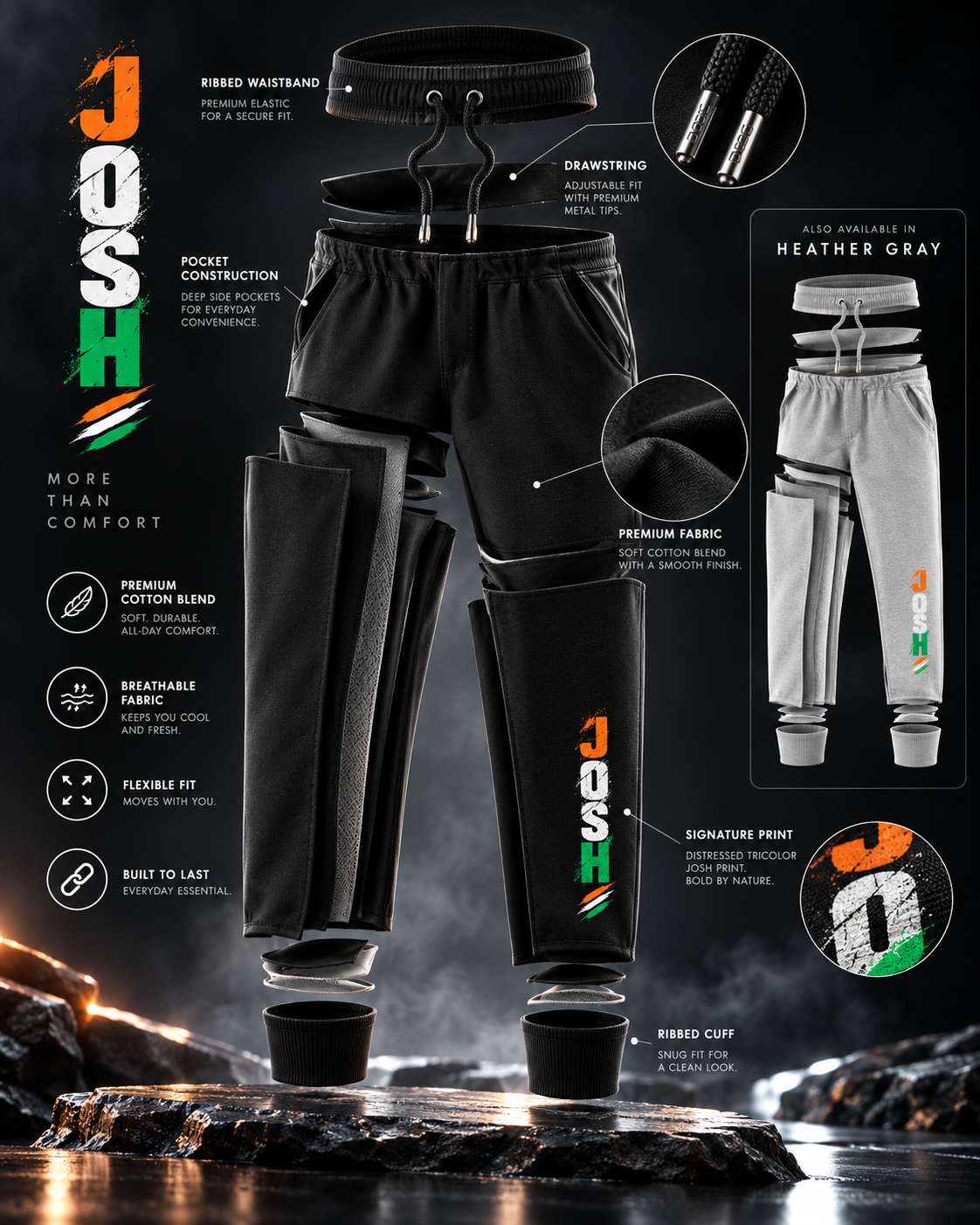Unisex joggers, ribbed waist and ankle cuff detail
