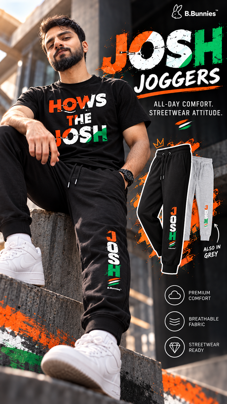 Unisex grey melange joggers, tapered fit cotton trackpants